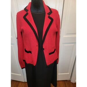 Red Sweater Knit Blazer Black Trim Pockets L Christmas Festive Party Office